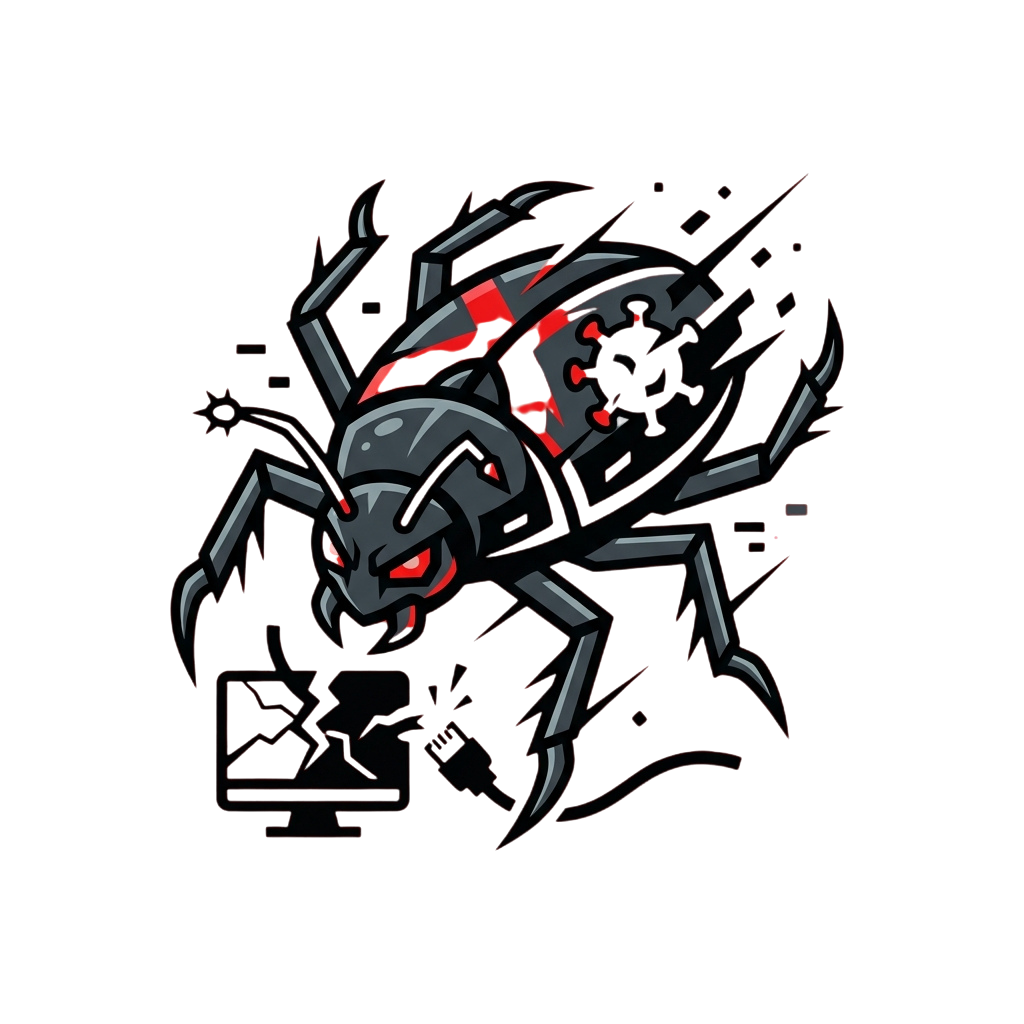A stylized, dark-themed spider with glowing red eyes and mechanical elements on a black background