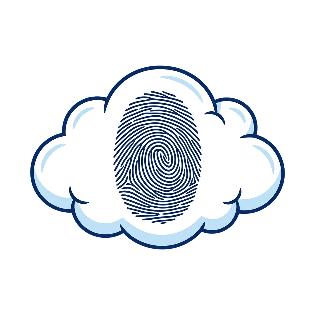 A cloud shape with a fingerprint embedded in the center, representing biometric security or cloud-based authentication.