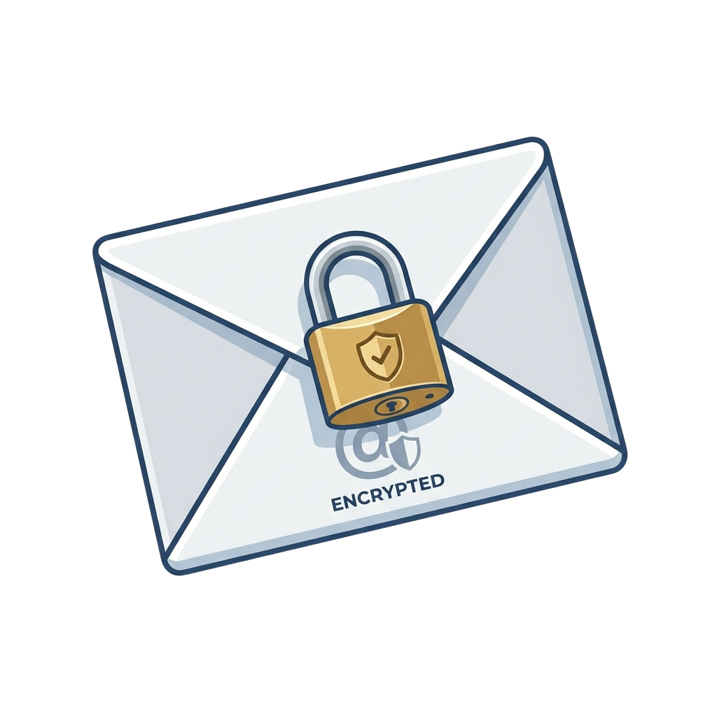An encrypted email envelope icon with a lock symbol and shield on it