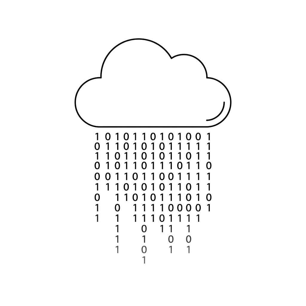 A cloud icon with binary code raining down from it