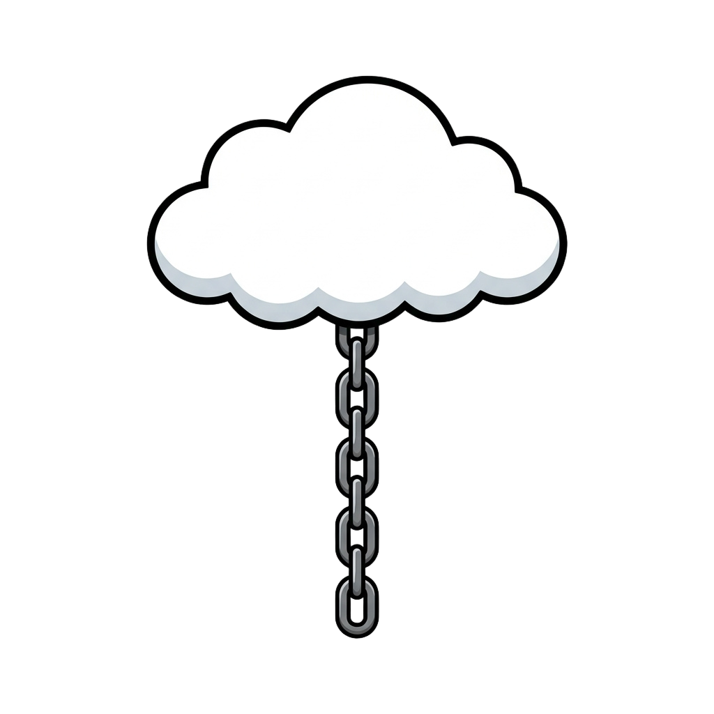 A white cloud icon attached to a chain against a black background