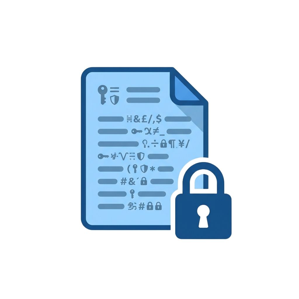 A document with various password symbols and a padlock icon.