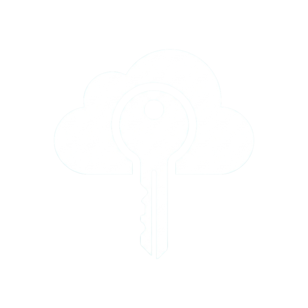 A cloud icon with an integrated key symbol, representing secure cloud storage or data protection