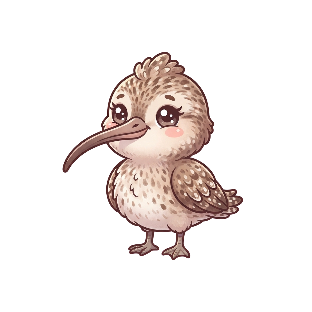Illustration of a cute baby bird with a long beak and fluffy feathers standing on one leg