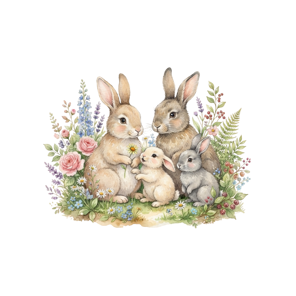 Three rabbits sitting together in a garden surrounded by colorful flowers and greenery