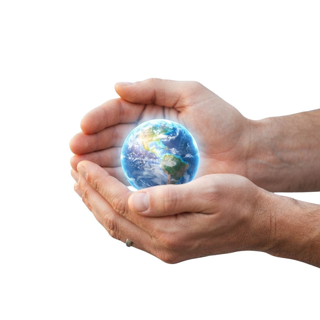 Two hands gently holding a small globe representing care for the Earth