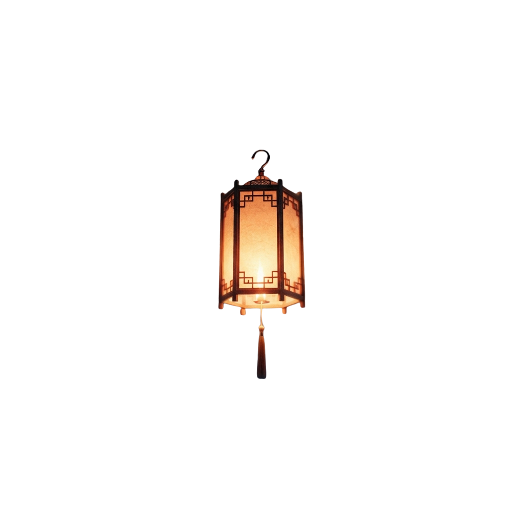A glowing traditional Asian paper lantern hanging against a dark background