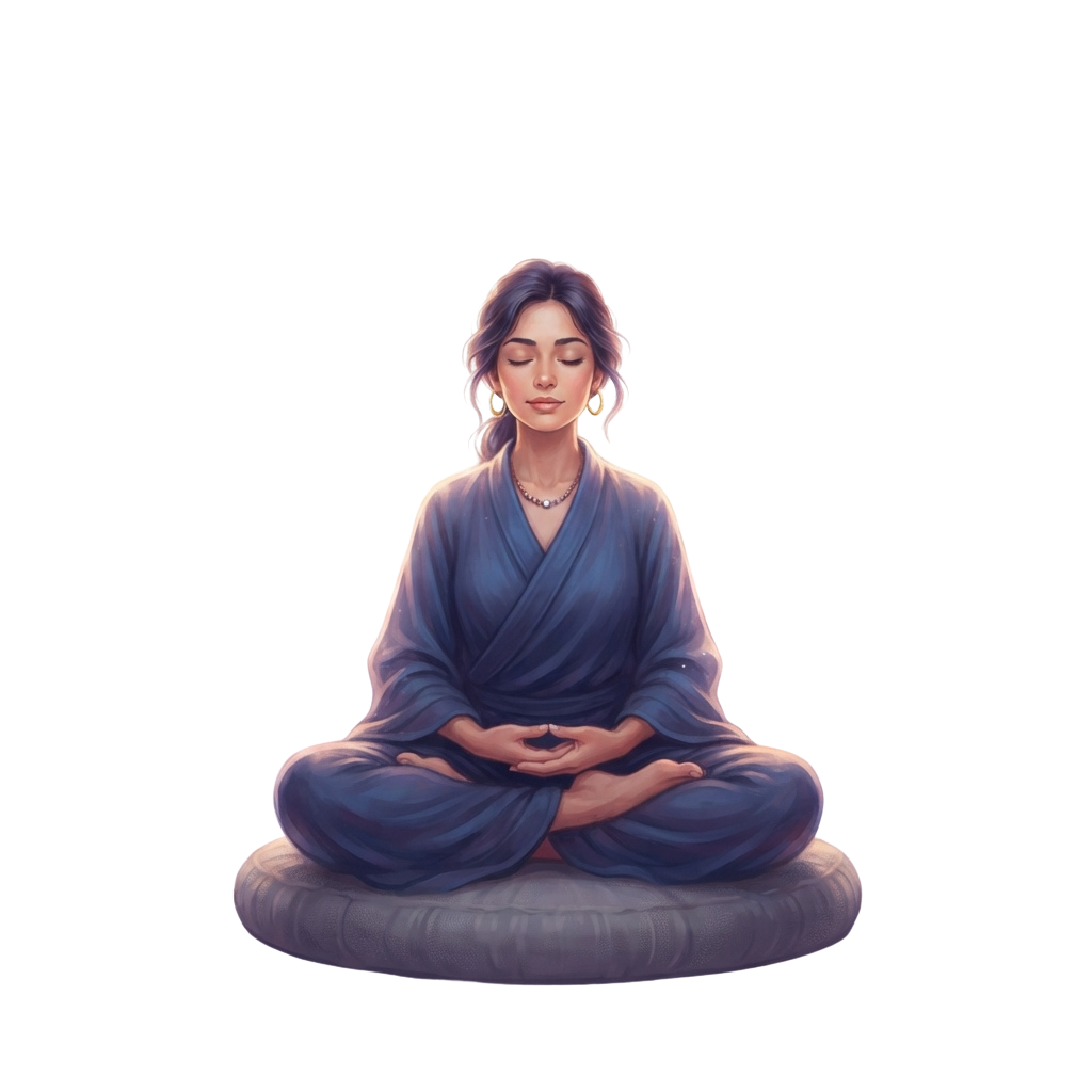 A person sitting in a meditative pose on a cushion with hands resting on knees, wearing loose blue robes.