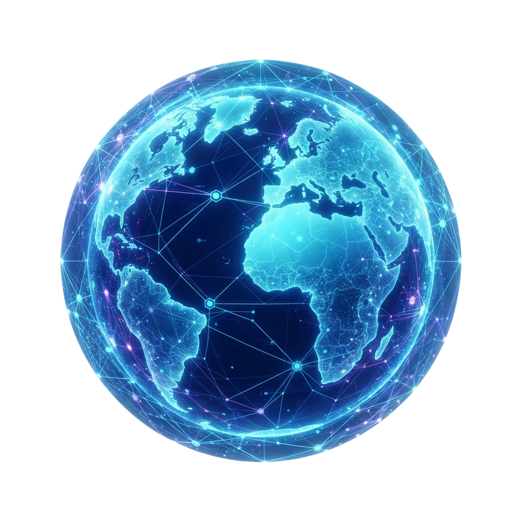 A glowing globe with interconnected blue light nodes representing global digital network connections