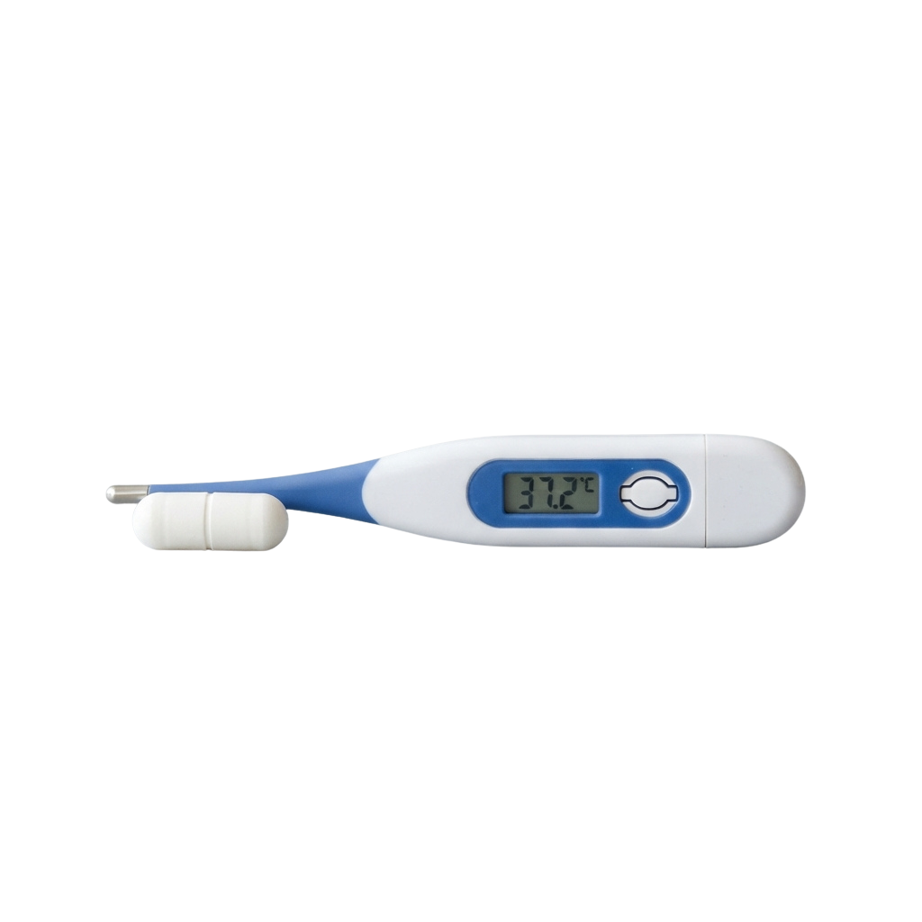 A digital thermometer displaying a temperature reading of 37.2 degrees Celsius
