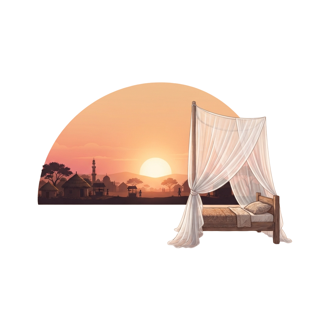 A cozy bed with a white canopy overlooking a village at sunset with a large sun in the background