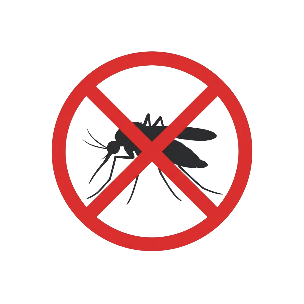 Red prohibition symbol with crossed lines over a mosquito illustration