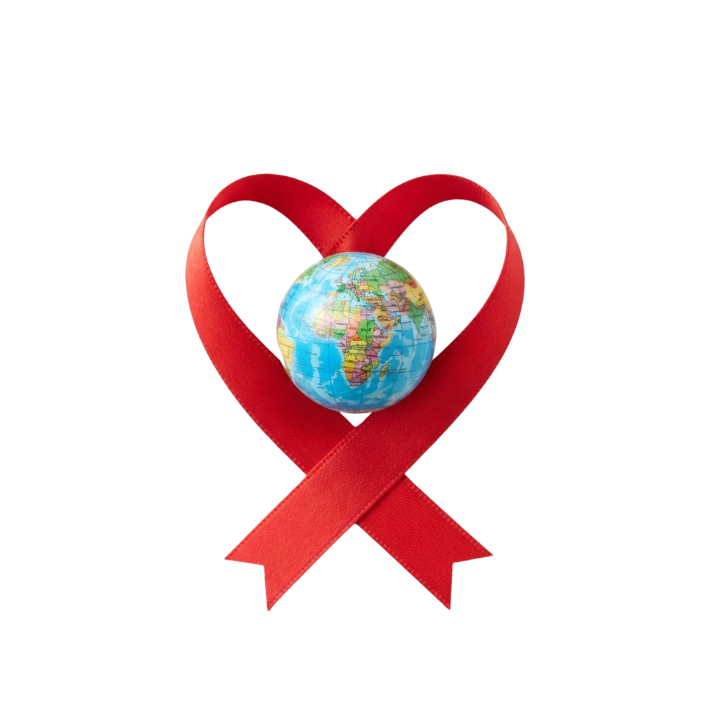 A red ribbon shaped like a heart with a small globe in the center against a black background