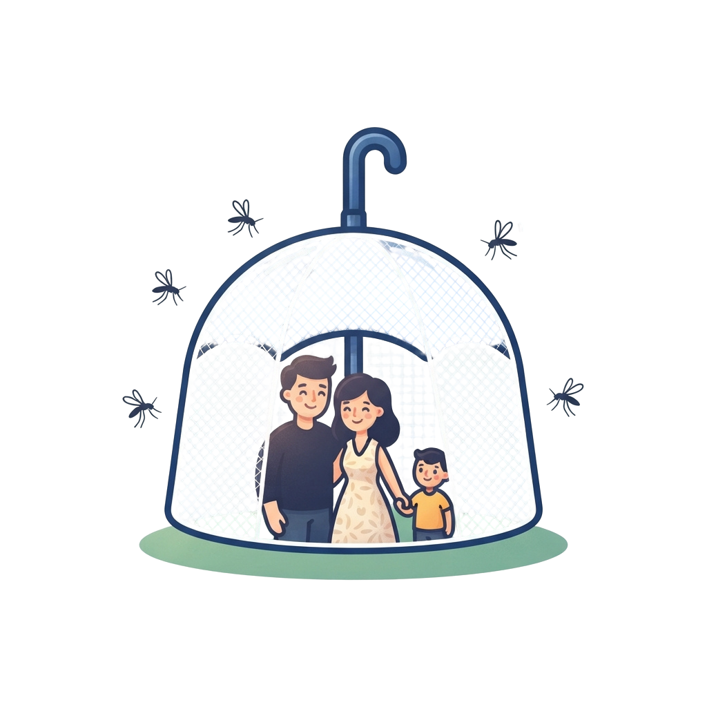 Illustration of a family standing under an umbrella inside a mesh cage with spiders outside