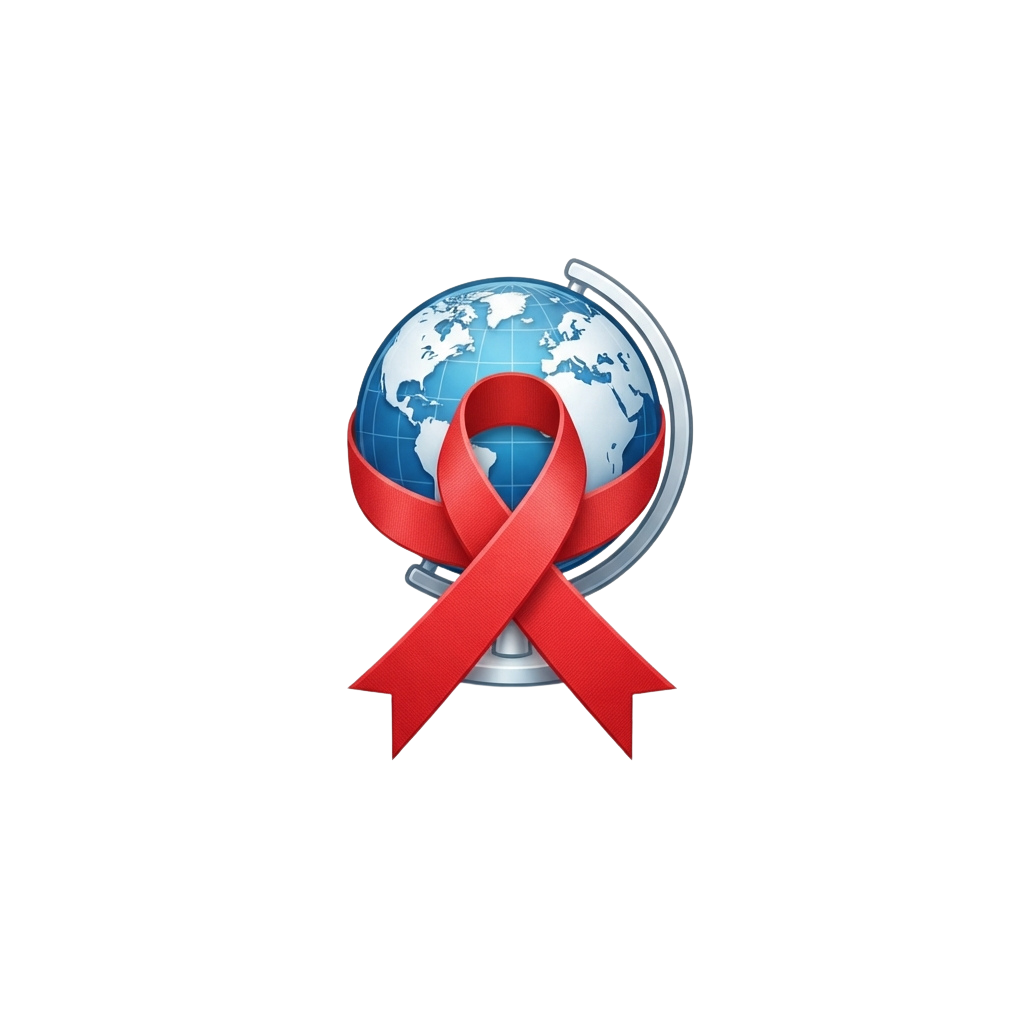 A globe with a red ribbon wrapped around it symbolizing global awareness or support.