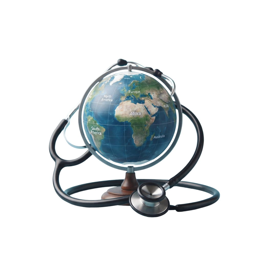 A globe with a stethoscope draped around it symbolizing global healthcare.