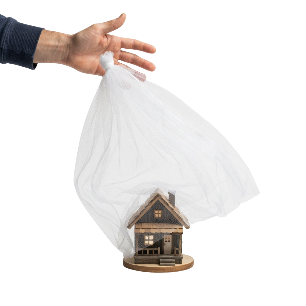 A hand holding a clear plastic bag over a small wooden house model with a porch and windows.