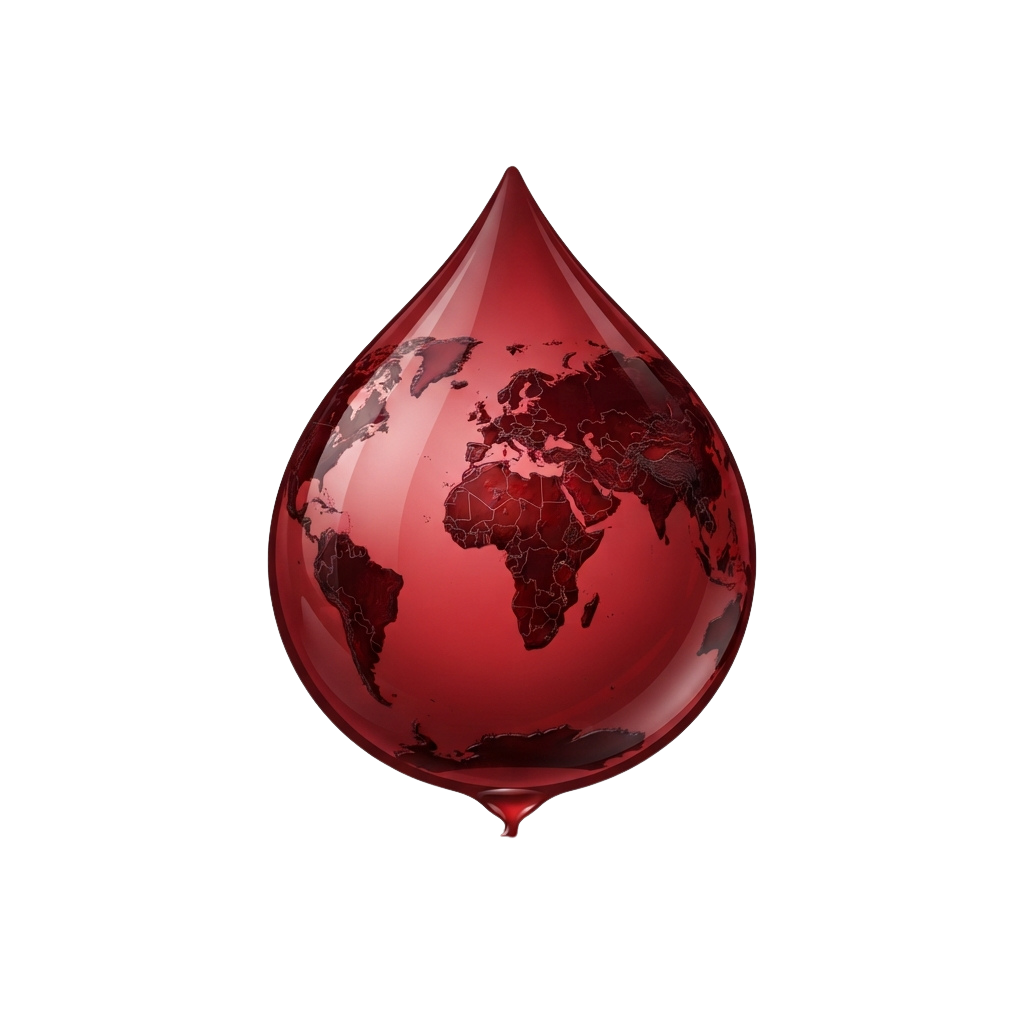 A red teardrop-shaped water droplet with a world map inside, symbolizing global issues like water scarcity or health crises