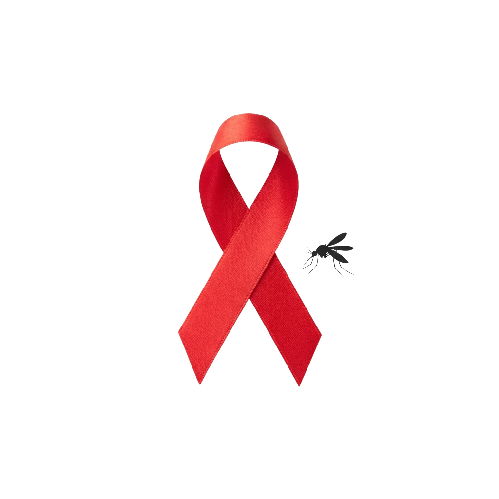 A red ribbon symbol with a small mosquito graphic beside it on a black background