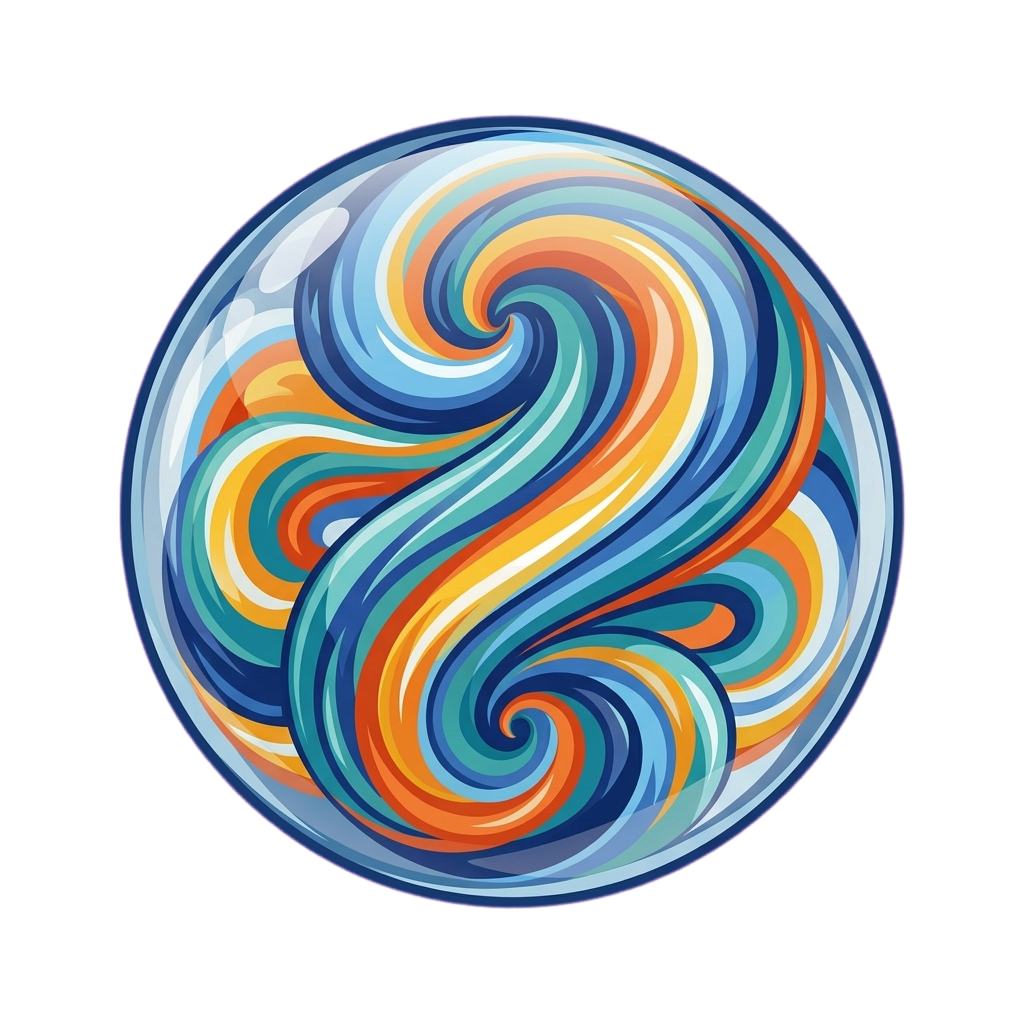Circular artwork featuring vibrant, swirling abstract patterns in blue, orange, and teal