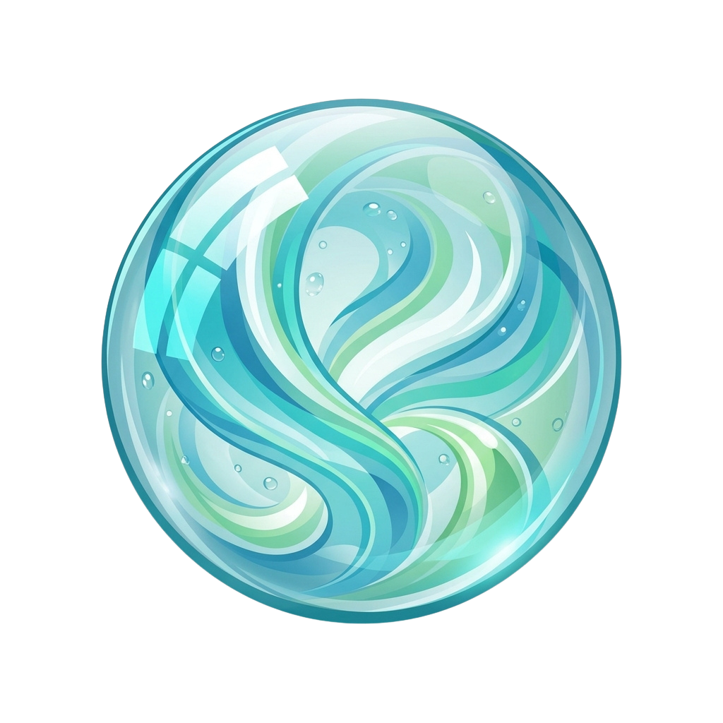 Circular design showing flowing water with blue and green swirls and bubbles