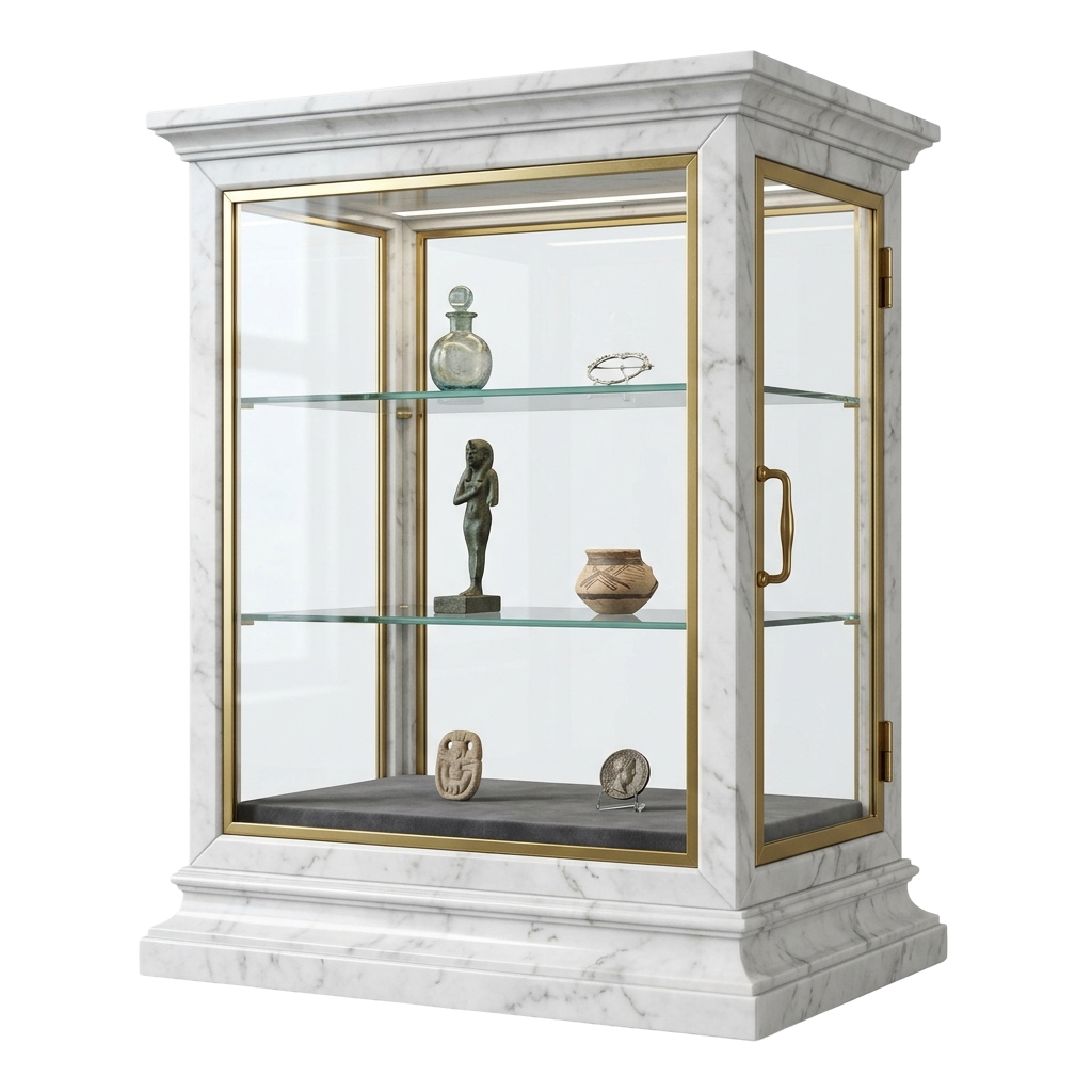 A marble display cabinet showcasing antique artifacts including a statue, vase, bottle, and small carvings on glass shelves