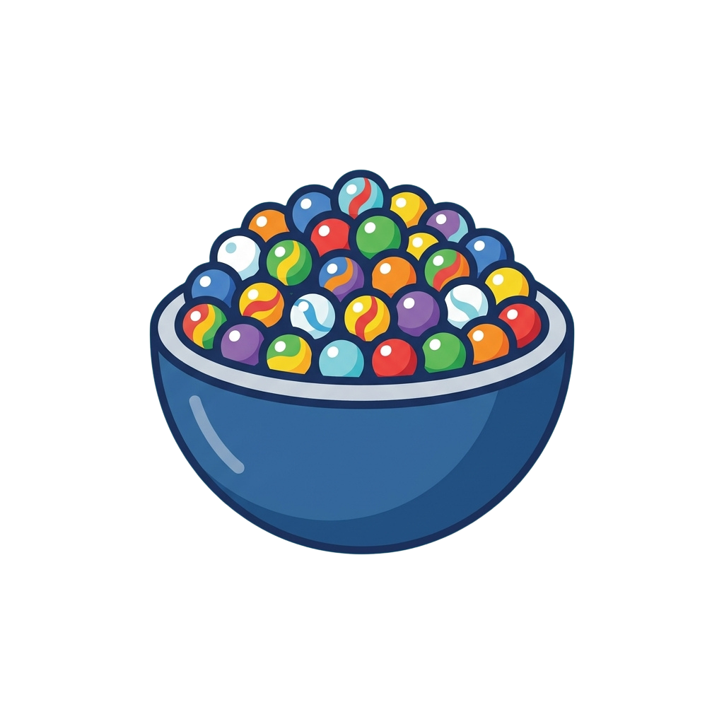 Illustration of a blue bowl filled with multicolored balls