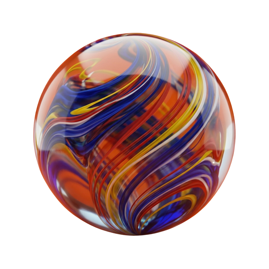 A vibrant sphere with smooth, flowing swirls of red, blue, and orange colors