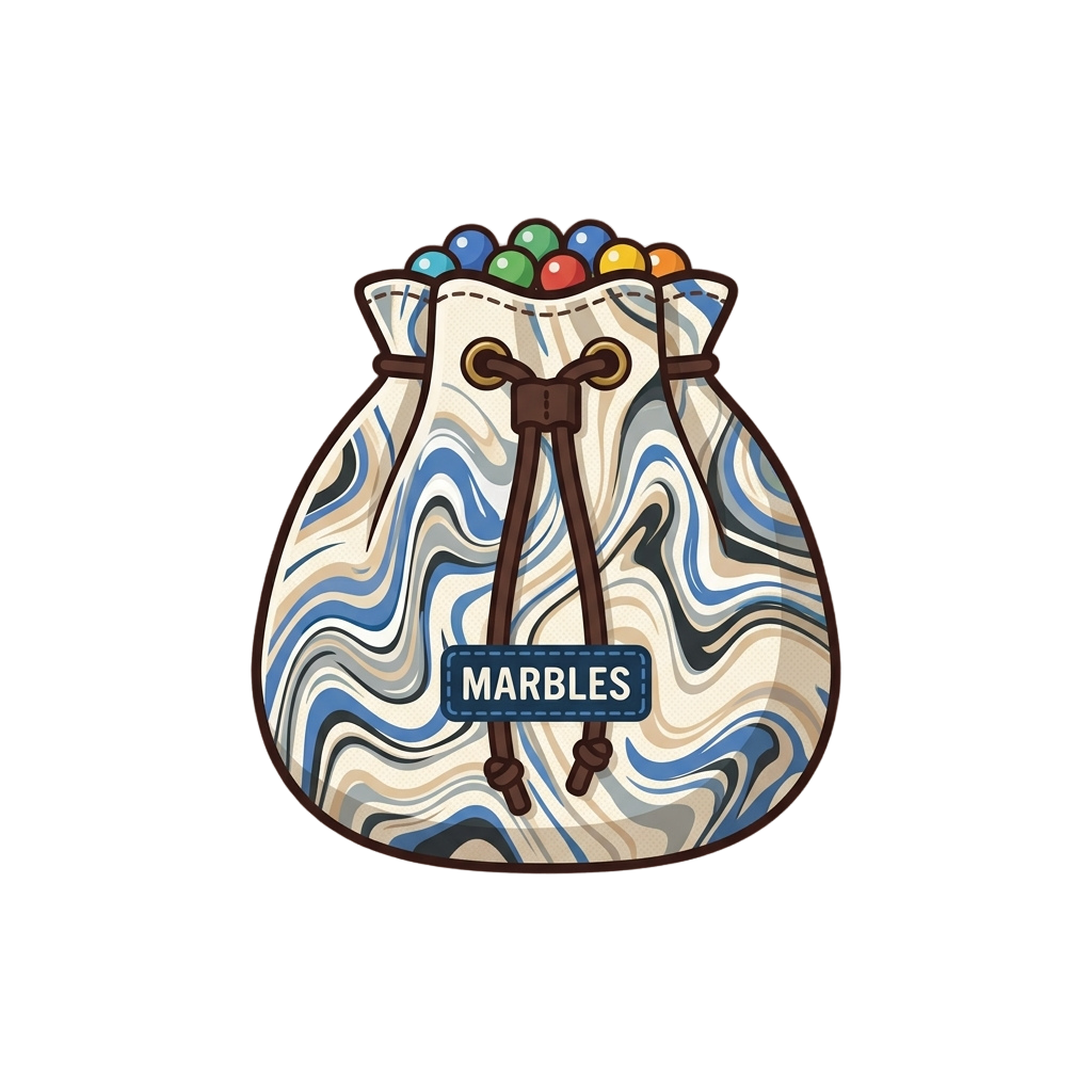 Illustration of a fabric pouch filled with colorful marbles, labeled MARBLES, with a whimsical face design.