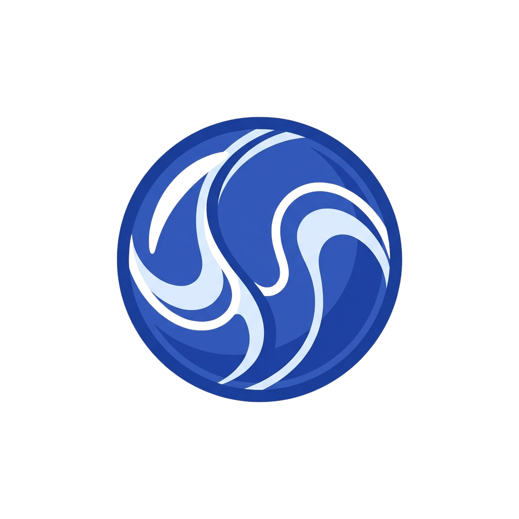 A circular logo featuring abstract blue and white wave patterns.