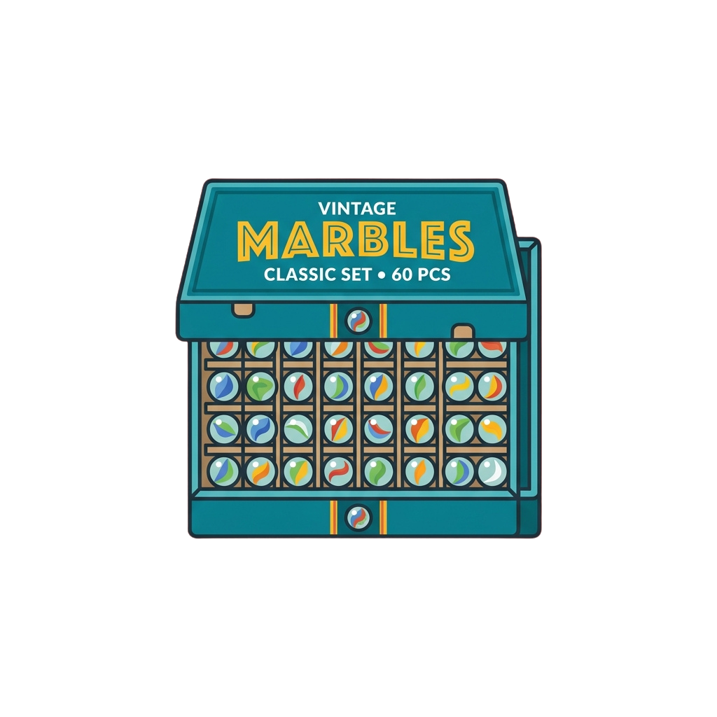Illustration of a vintage marbles box containing 60 colorful marbles arranged in compartments