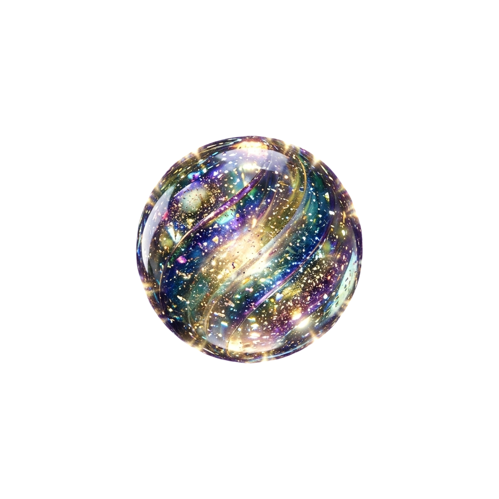 A shiny, iridescent glass orb with vibrant rainbow colors and sparkling light reflections