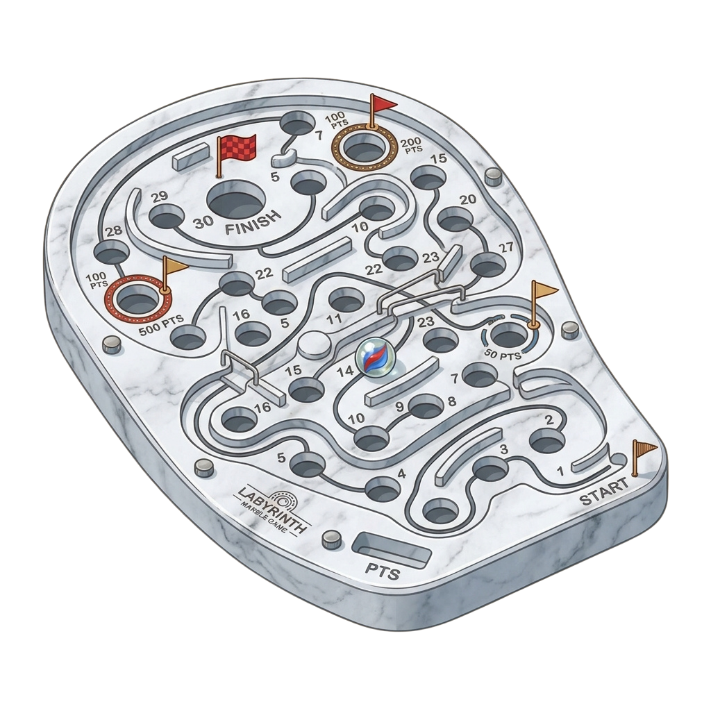 A marble maze game board featuring a winding track, numbered points, and colored flags for start and finish lines.