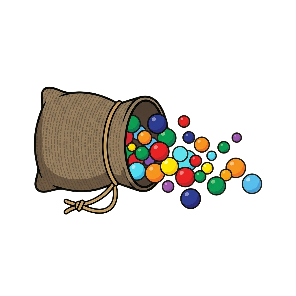 A woven sack tipped over releasing a variety of colorful balls in different sizes