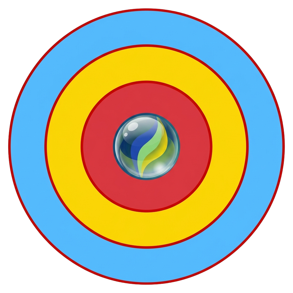 A circular target with four colored rings and a reflective logo in the center