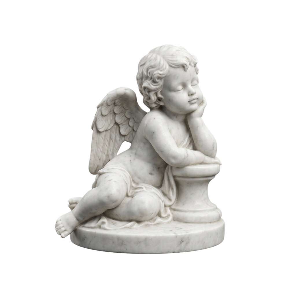 A marble cherub statue with wings sitting and resting its head on its hand