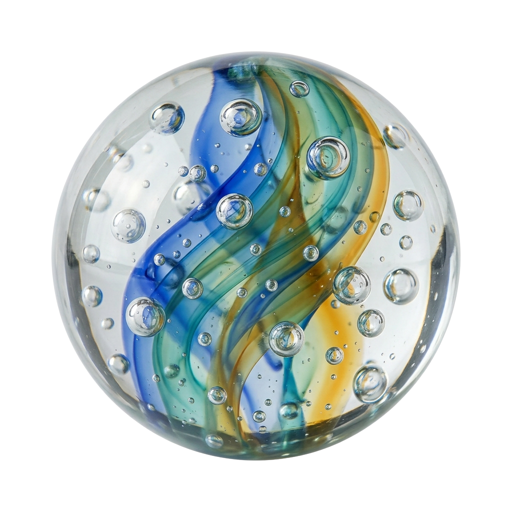 Decorative glass marble featuring swirling blue, green, and yellow patterns with embedded bubbles