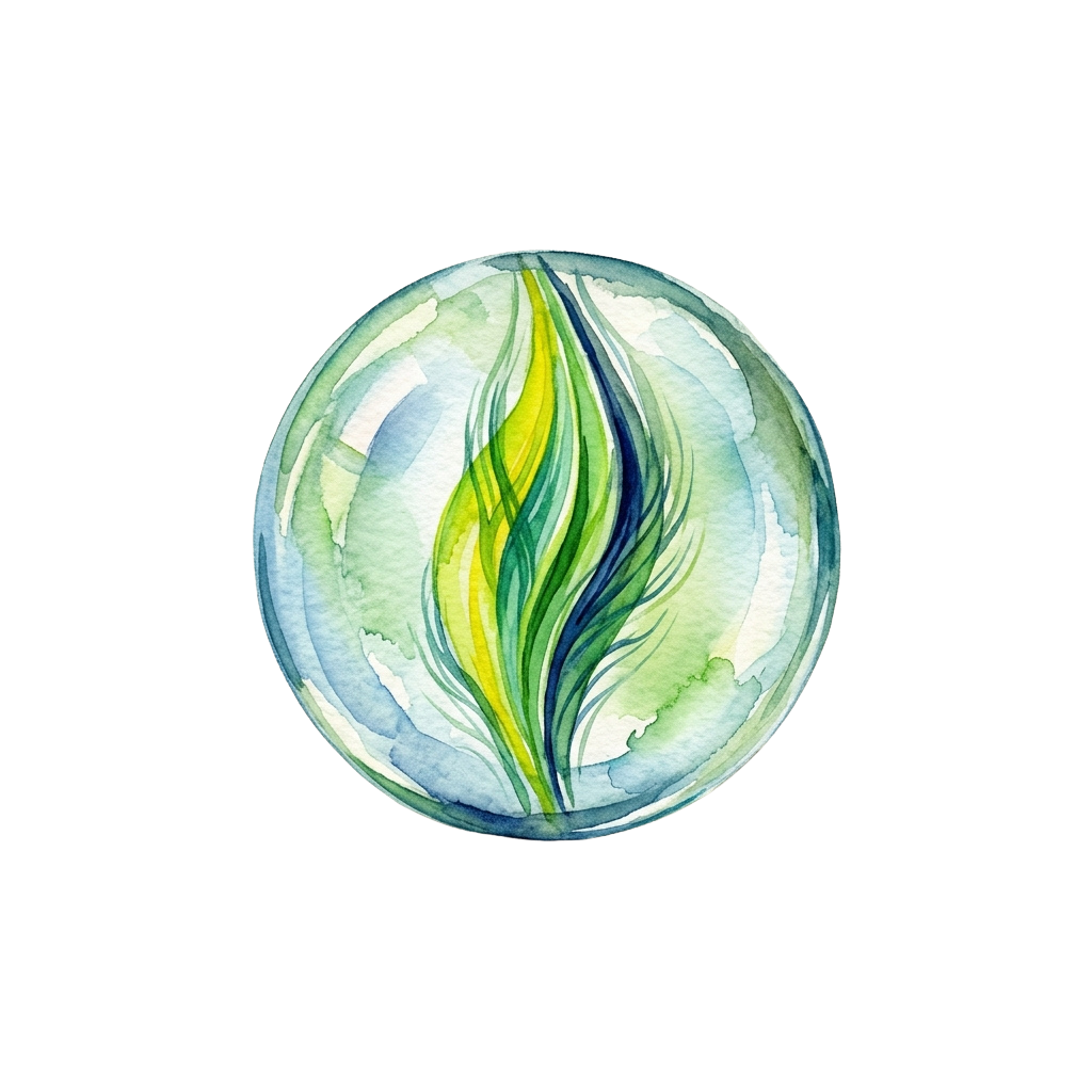 A circular bubble with watercolor swirls in shades of green, yellow, and blue on a black background