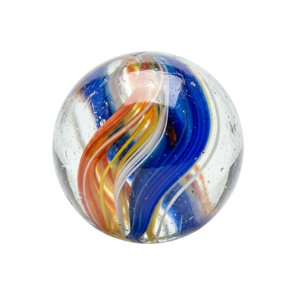 A glass marble featuring vibrant swirls of blue, red, and yellow colors