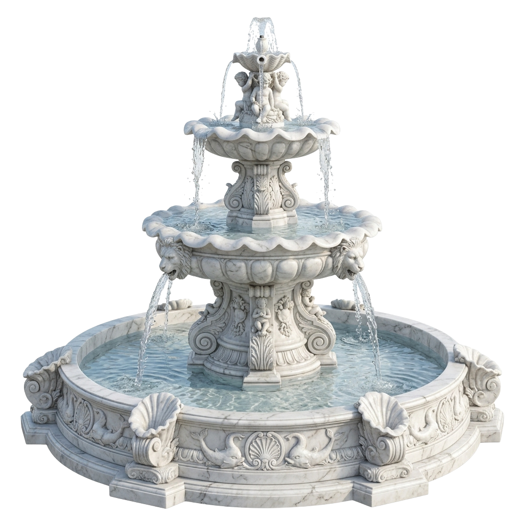 A detailed multi-tiered marble fountain with intricate carvings and water spouts, featuring a central figure on top.