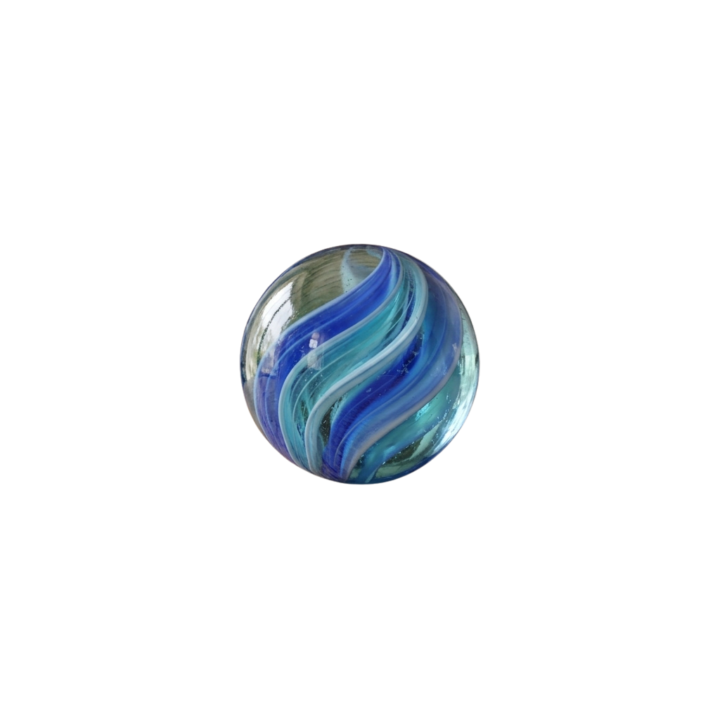 A glass marble featuring swirling blue and green patterns on a reflective surface