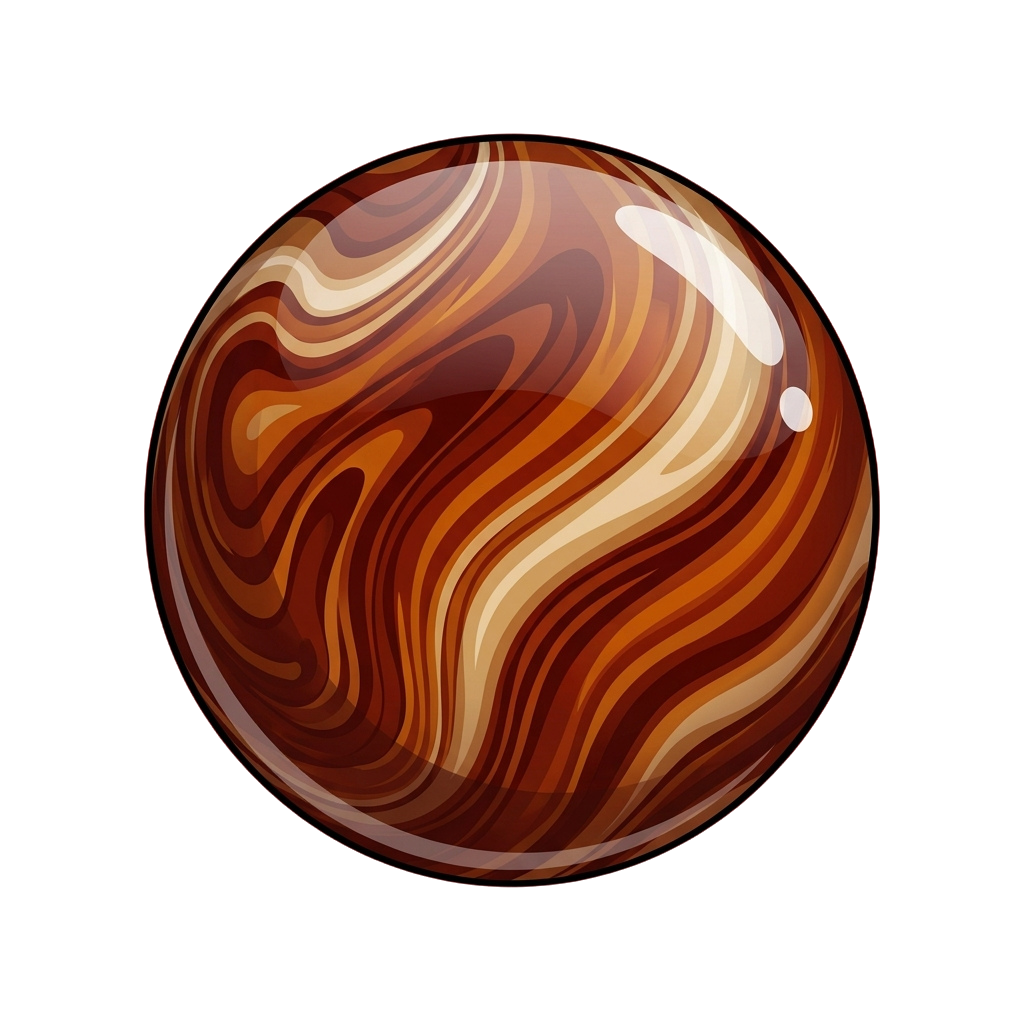 A round planet illustration featuring smooth, flowing orange and brown swirls across its surface