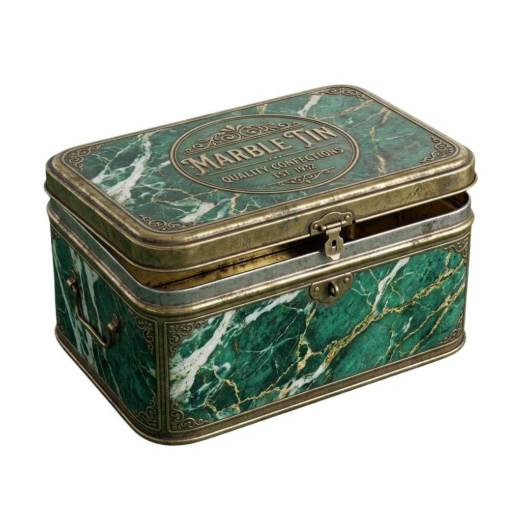 A vintage-style rectangular tin box with green marble pattern and gold trim, featuring a clasp closure.