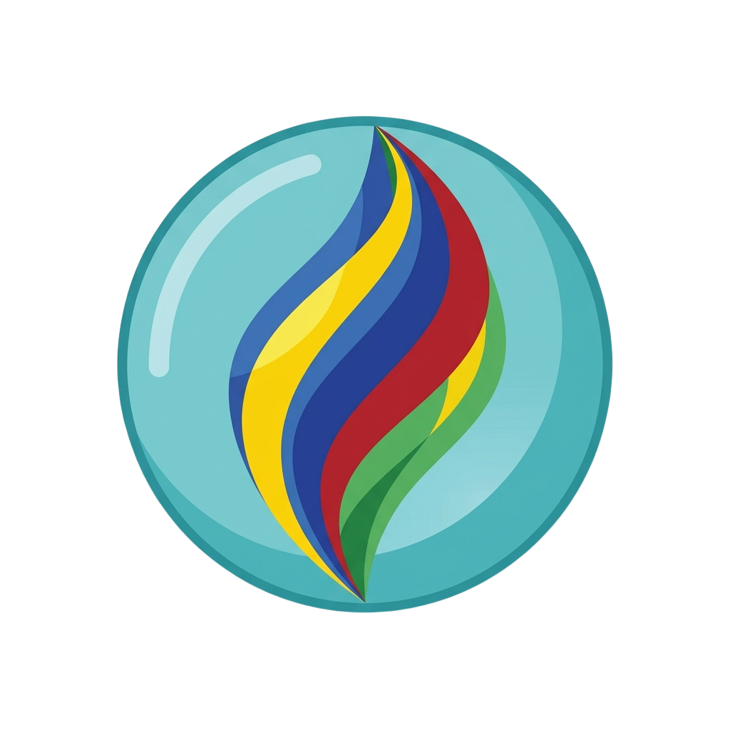 A circular graphic featuring a stylized flame with blue, red, yellow, and green colors inside a teal globe shape