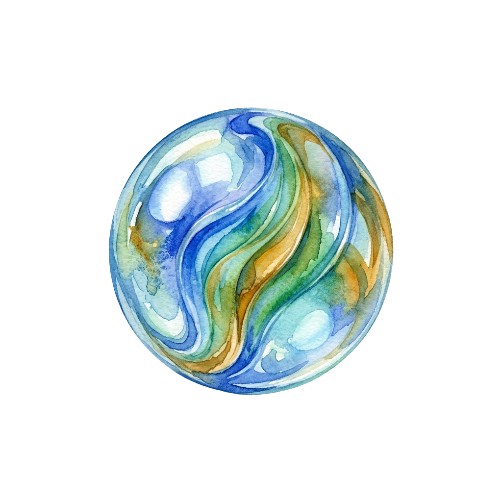 Circular watercolor swirl design with blue, green, and white fluid-like patterns