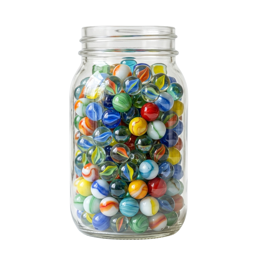 A clear glass jar filled with multicolored glass marbles of various patterns and sizes