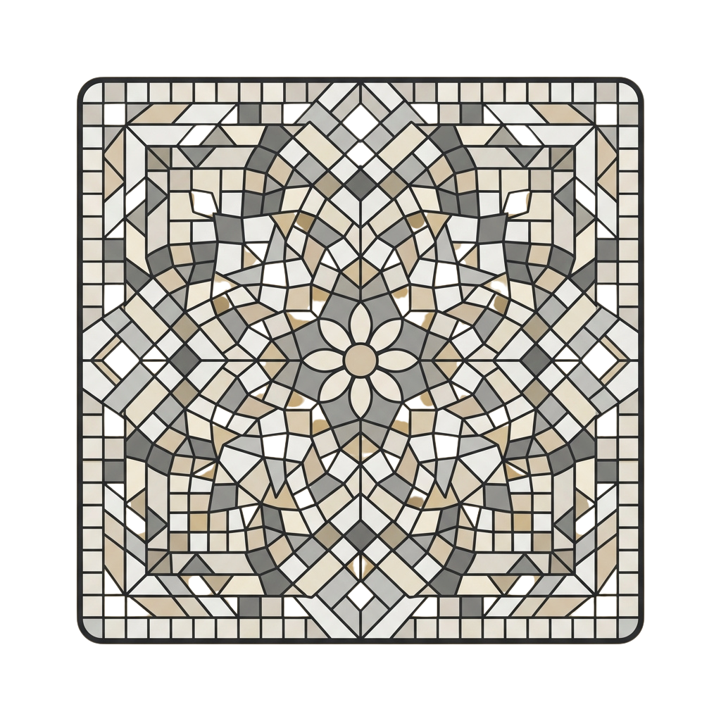 A detailed geometric mosaic pattern featuring interlocking shapes, floral motifs, and a mix of black, white, beige, and gray tiles
