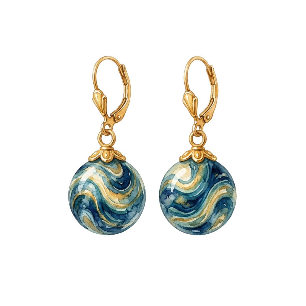 Pair of gold lever-back earrings featuring round blue marble stone drops with swirling patterns