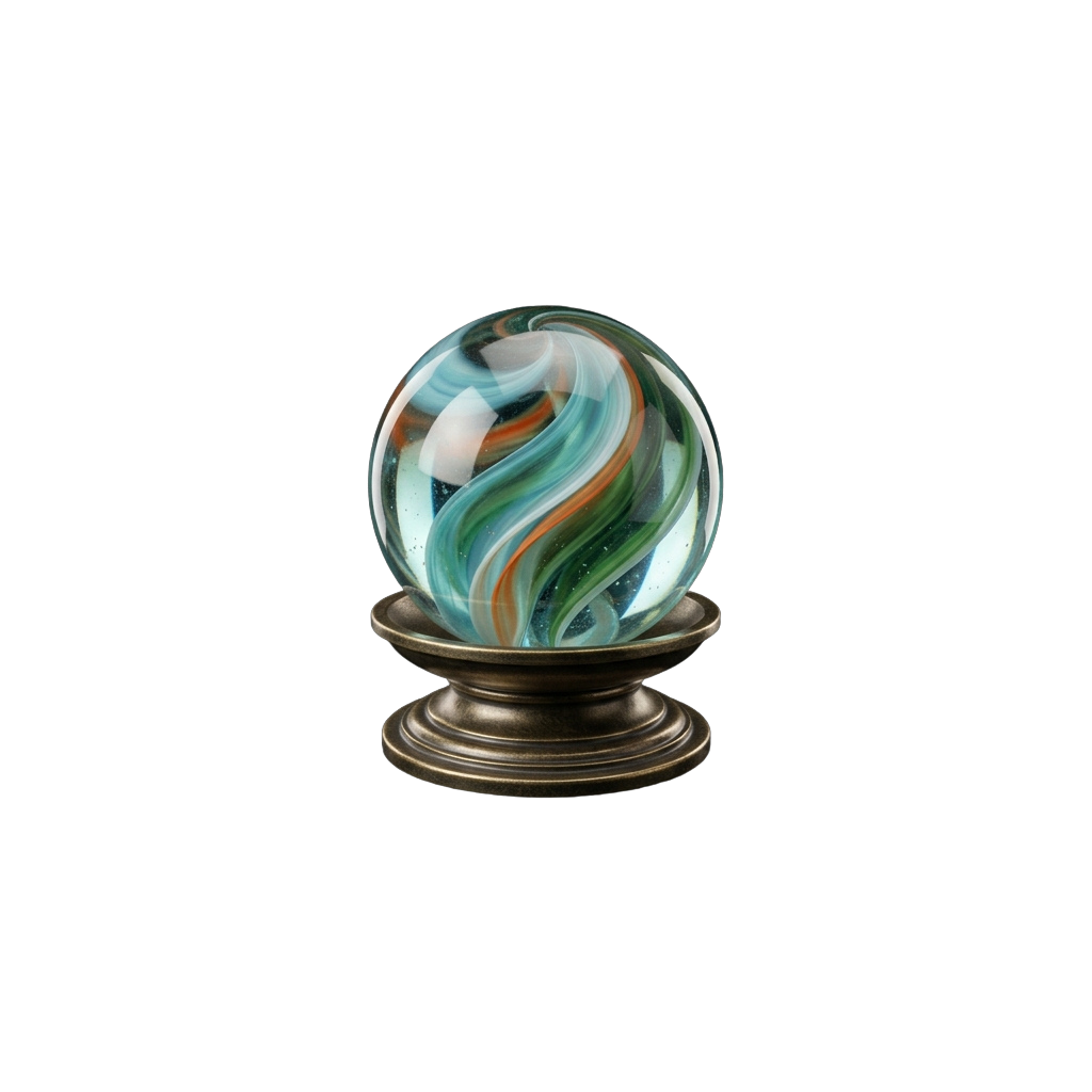 A colorful glass marble with swirling blue, green, and orange patterns on a brass-colored metal stand