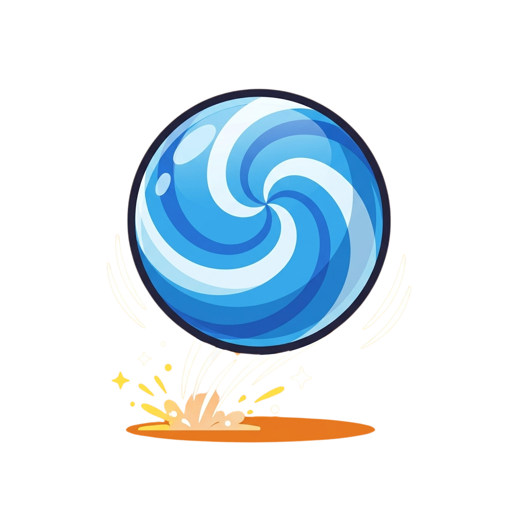 A stylized blue planet with swirling patterns floating above a small explosion on a dark background